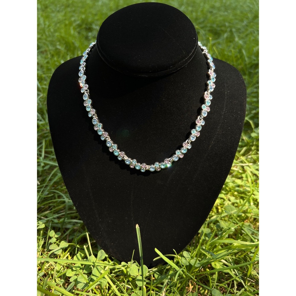 VTG Swarovski Signed Fidelity Pink Blue Pastel Crystal Wave Silver Tone Necklace